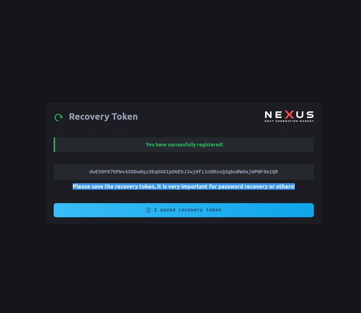 Recovery Token Display